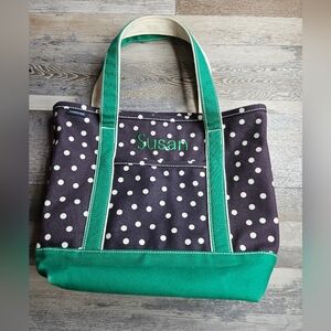 Land's End Canvas Tote Bag Navy Blue Green Polka Dots Medium